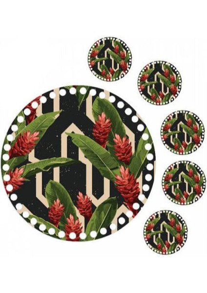 30 cm Çiçek Baskılı Örgü Ahşap Tepsi Tabanı Plakası, 5 Adet 10 cm Baskılı Bardak Altı 015