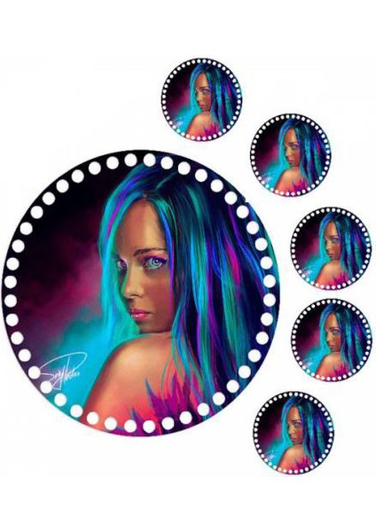 30 cm Mavi Kadın Baskılı Örgü Ahşap Tepsi Tabanı Plakası, 5 Adet 10 cm Baskılı Bardak Altı