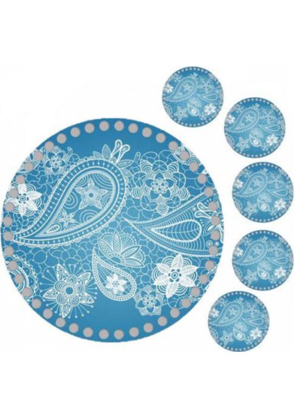 30 cm Mavi Desen Baskılı Örgü Ahşap Tepsi Tabanı Plakası, 5 Adet 10 cm Baskılı Bardak Altı