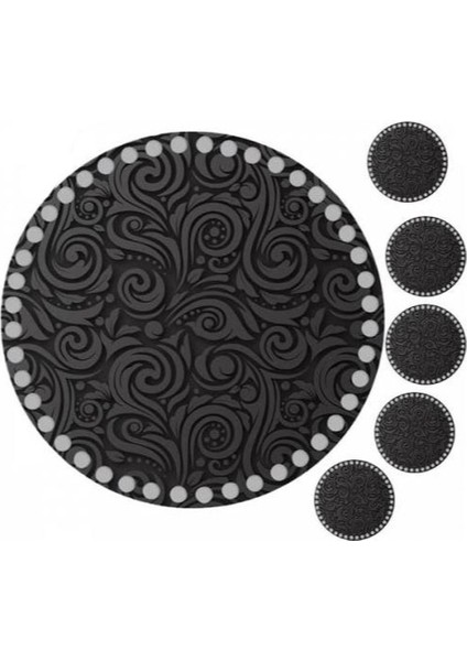 30 cm Siyah Motif Baskılı Örgü Ahşap Tepsi Tabanı Plakası, 5 Adet 10 cm Baskılı Bardak Altı