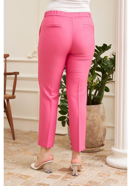 Beli Lastikli Paça Yırtmaç Detaylı Büyük Beden Fuşya Kumaş Pantolon fırsatları