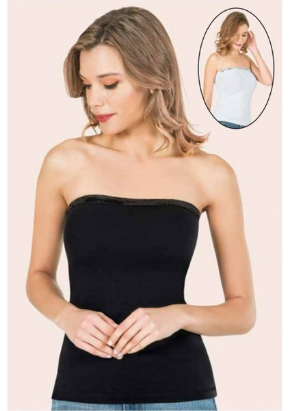 10 Adet, Kadın Pullu Straplez Atlet %92 Pamuk %8 Likra Siyah