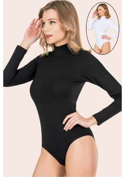 5 Adet, Kadın Balıkçı Yaka Uzun Kollu Çıtçıtlı Body %92 Pamuk%8 Llikra Beyaz