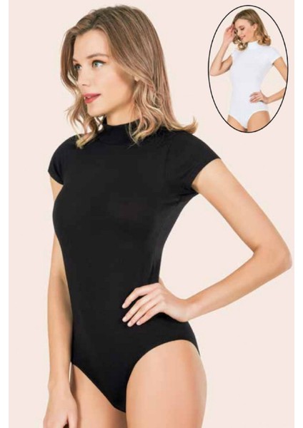 3 Adet, Kadın Likralı Pamuklu Balıkçı Yaka Kısa Kol Çıtçıtlı Body %92 Cotton %8 Likra Siyah