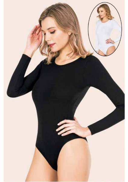 5 Adet, Kadın Bisiklet Yaka Uzun Kollu Çıtçıtlı Body %92 Pamuk, %8 Elastan Siyah