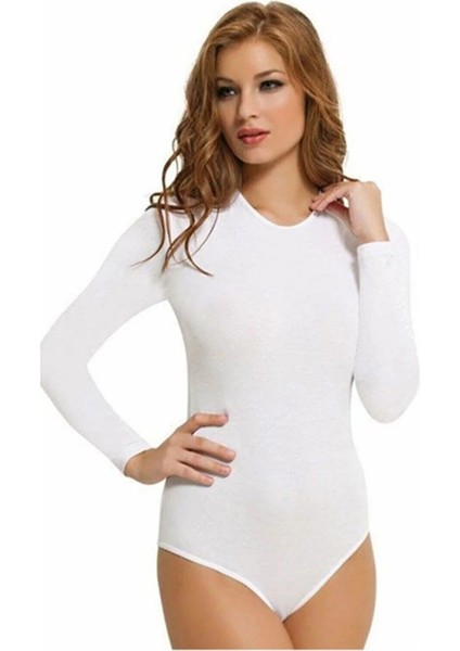 5 Adet, Kadın Bisiklet Yaka Uzun Kollu Çıtçıtlı Body %92 Pamuk, %8 Elastan Beyaz