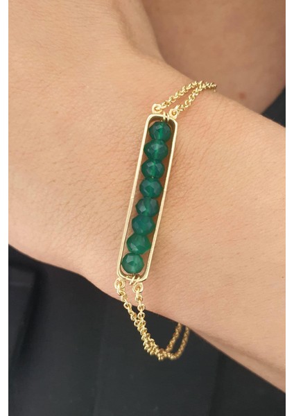 Yeşim Taşlı 925AYAR Gümüş Üzerine Altın Kaplama Doğal Taş Bileklik