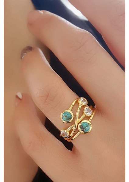 Turkuaz ve Mavi Topaz Taşlı 925AYAR Gümüş Üzerine Altın Kaplama Doğal Taş Yüzük