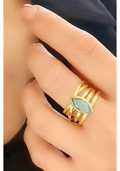 Labrodorit 925AYAR Gümüş Üzerine Altın Kaplama Doğal Taş Yüzük