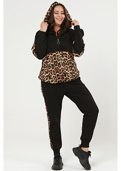 Kadın Büyük Beden Leopar Garnili Siyah Eşofman Takımı fiyatları