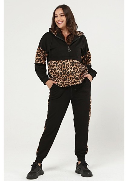 Kadın Büyük Beden Leopar Garnili Siyah Eşofman Takımı fırsatları