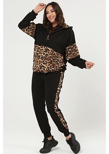 Kadın Büyük Beden Leopar Garnili Siyah Eşofman Takımı indirimleri
