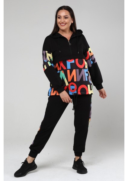 Kadın Büyük Beden Renkli Harf Desenli Siyah Eşofman Takımı