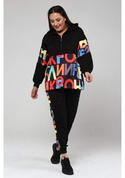 Kadın Büyük Beden Renkli Harf Desenli Siyah Eşofman Takımı fırsatları