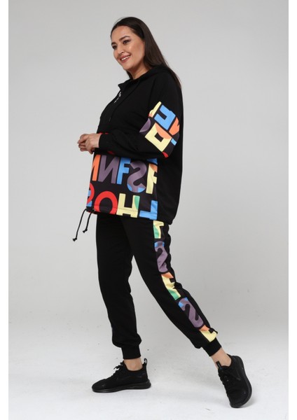 Kadın Büyük Beden Renkli Harf Desenli Siyah Eşofman Takımı indirimleri