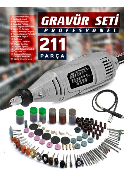 Premium Çok Amaçlı Devir Ayarli 211 Parça Hobi Gravür Seti El Motoru Usta Set Esnek Şaft Hediyeli