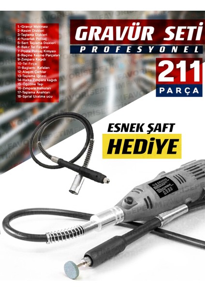 Premium Çok Amaçlı Devir Ayarli 211 Parça Hobi Gravür Seti El Motoru Usta Set Esnek Şaft Hediyeli