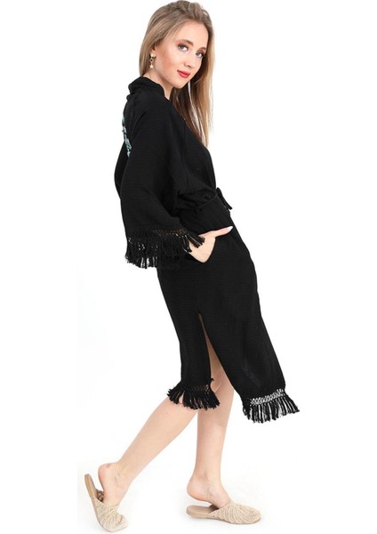 Kimono Palmiye Baskılı Püsküllü - Siyah fırsatları
