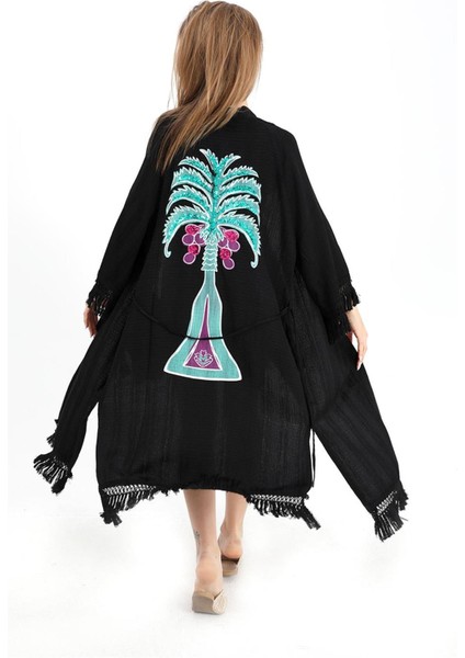 Kimono Palmiye Baskılı Püsküllü - Siyah indirimleri