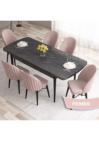 Concept Roz Serisi 80X132 Mdf Açılabilir Siyah Mermer Desen Mutfak Masa Takımı 6 Sandalye Gold Halkalı