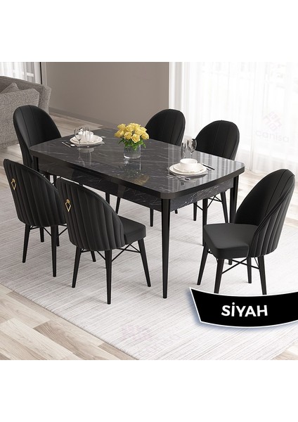 Concept Roz Serisi 80X132 Mdf Açılabilir Siyah Mermer Desen Mutfak Masa Takımı 6 Sandalye Gold Halkalı fiyatları
