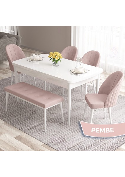 Concept Roz Serisi 80X132 Mdf Açılabilir Beyaz Mutfak Masası 4 Sandalye 1 Bench Gold Halkalı fiyatları