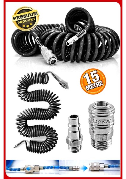 Havalı Profesyonel Yüksek Kalite Kompresör Spiral Hava Hortumu 8 mm 15 mt Hava Jakı Kompresör Recor Seti