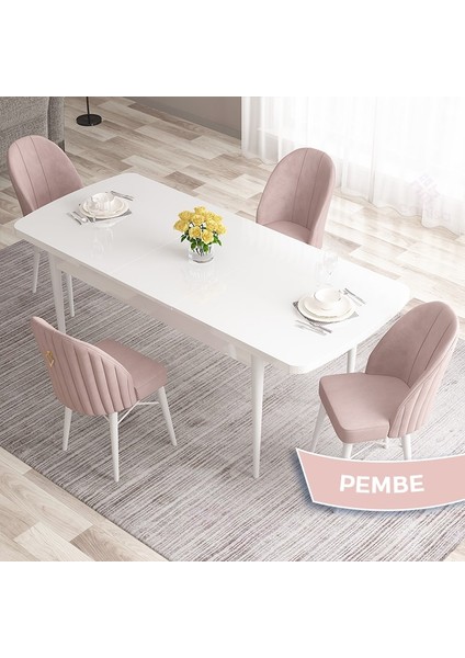 Concept Roz Serisi 80X132 Mdf Açılabilir Beyaz Mutfak Masa Takımı 4 Sandalye Gold Halkalı