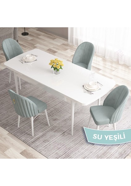 Concept Roz Serisi 80X132 Mdf Açılabilir Beyaz Mutfak Masa Takımı 4 Sandalye Gold Halkalı