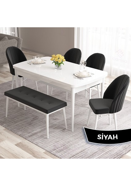 Concept Roz Serisi 80X132 Mdf Açılabilir Beyaz Mutfak Masası 4 Sandalye 1 Bench Gold Halkalı fiyatları