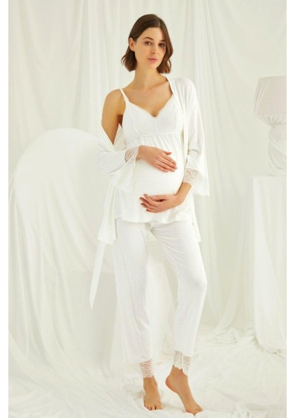 18433489 Kadın Ekru Hamile Lohusa Seti Sabahlık Gecelik Pijama Takım