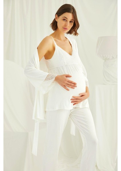 18433489 Kadın Ekru Hamile Lohusa Seti Sabahlık Gecelik Pijama Takım