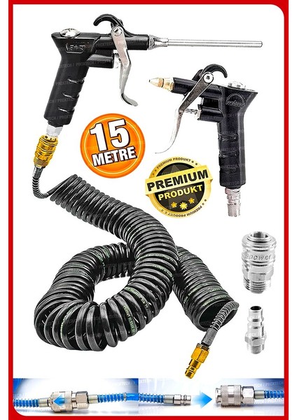 Havalı 15 Metre Kompresör Spiral Hava Hortumu 8 mm 15 mt Hava Jakı Hava Tabancası Recor Paket