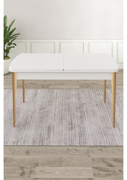 Concept Roz Serisi 80X132 Mdf Beyaz Mutfak Masası Beyaz Kafesli 4 Sandalye ve 1 Bench Gold Halkalı