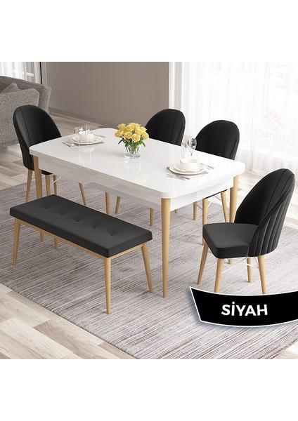 Concept Roz Serisi 80X132 Mdf Beyaz Mutfak Masası Beyaz Kafesli 4 Sandalye ve 1 Bench Gold Halkalı fiyatları