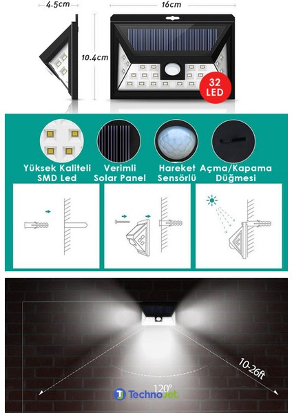 2 Adet 32 Ledli Güneş Enerjili Solar Bahçe Lambası Hareket Sensörlü Aydınlatma LED