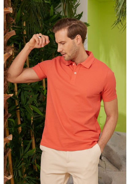 Erkek Basic Polo Yaka Tişört (Regular Fit) Turuncu