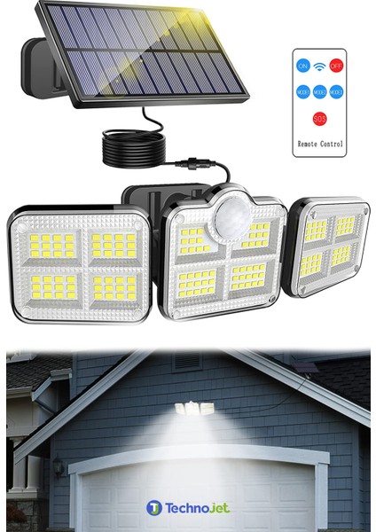 122 Ledli Solar Güneş Enerjili Kumandalı Hareket Sensörlü Bahçe Aydınlatma Sokak Lambası