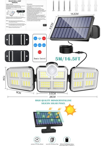 122 Ledli Solar Güneş Enerjili Kumandalı Hareket Sensörlü Bahçe Aydınlatma Sokak Lambası