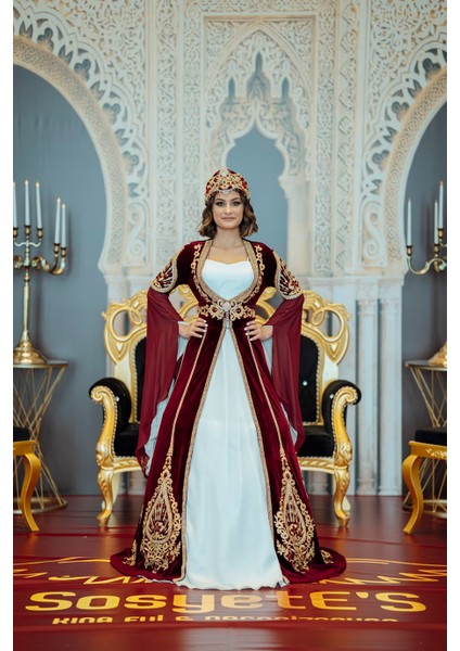 Bordo Gold Kolu Tül Kaftan Bindallı BRD18