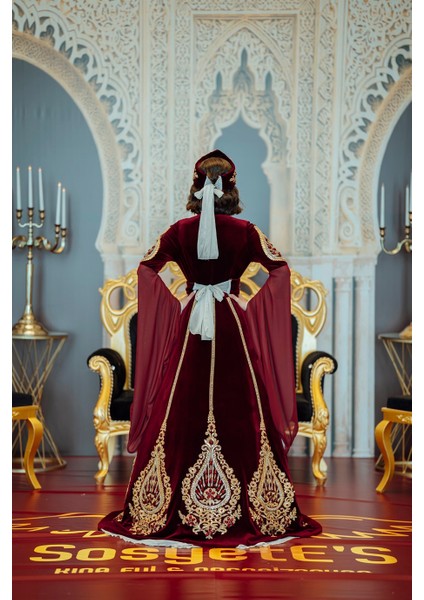 Bordo Gold Kolu Tül Kaftan Bindallı BRD18