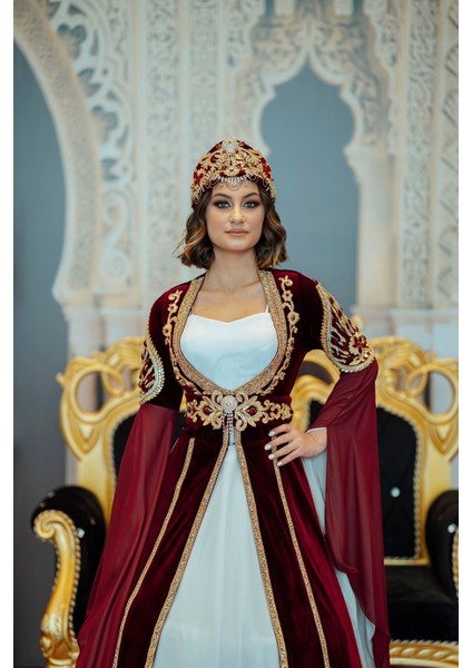 Bordo Gold Kolu Tül Kaftan Bindallı BRD18