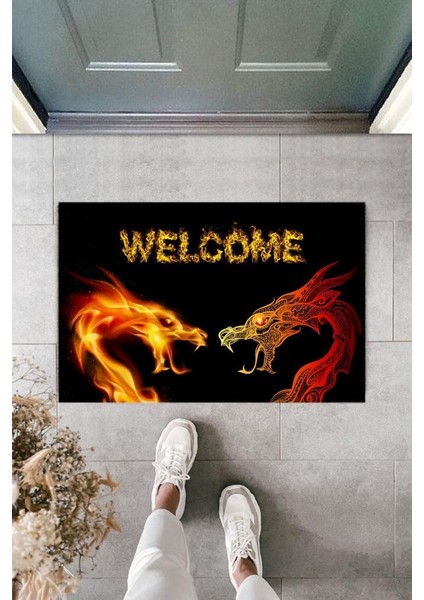 Dijital Baskı Siyah Welcome Ejderha Paspas K-2110