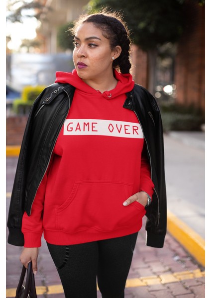 Game Over? - Baskılı Kapşonlu Cepli Sweatshirt