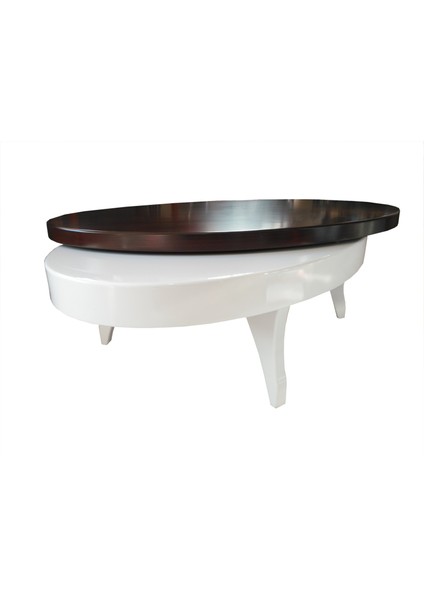 Döner Orta Sehpa Oval Rus Tarz Model Kayın Retro Ayak Mdf Tabla Parlak Beyaz Füme Cam El Yapım modelleri