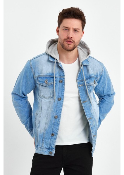 Kapüşonlu Kot Mont Açık Mavi