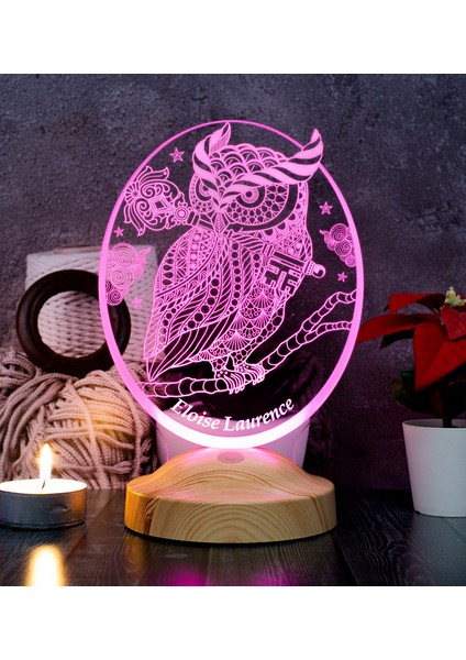 Baykuş Kişiye Özel LED Lamba, Baykuş Tasarımlı 3D Gece Lambası , Baykuş Temalı Dekoratif Lamba