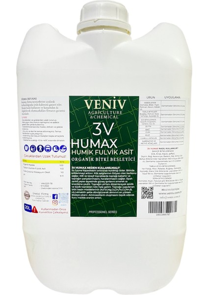 3V Humax Bitkisel Menşeili Ph Organik madde%50+ Humik Fulvik Asit 25 kg /20 L