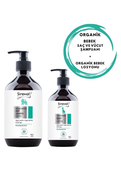 Organik Bebek Saç Vücut Şampuanı 400 ml ve Sirenol Organik Bebek Losyonu - Yenidoğan 250 ml Set