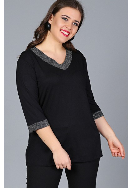 Büyük Beden Yaka Kolucu Sim Detaylı Siyah Yarım Kol Bluz Kadınlar İçin Şık fiyatları